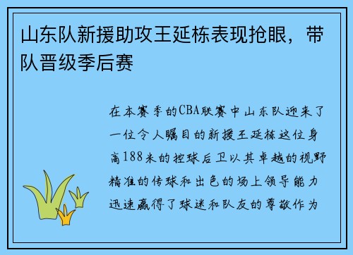 山东队新援助攻王延栋表现抢眼，带队晋级季后赛