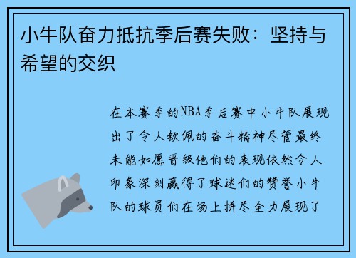 小牛队奋力抵抗季后赛失败：坚持与希望的交织